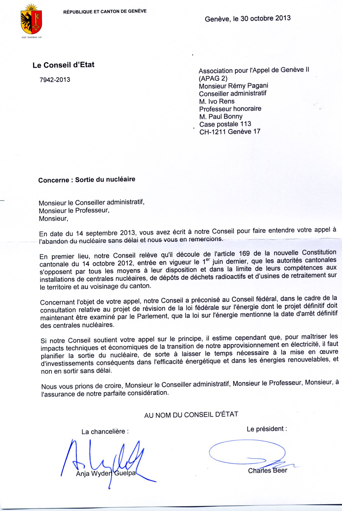 Réponse du Conseil d'Etat(Gouvernement) de Genève