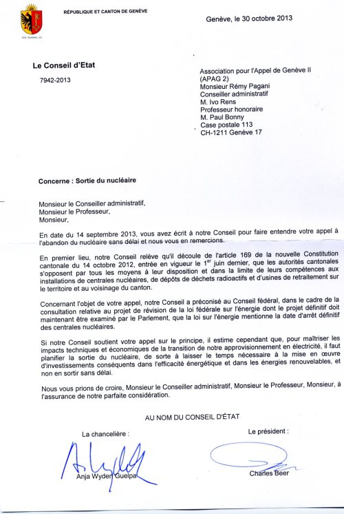 Réponse du Conseil d'Etat(Gouvernement) de Genève