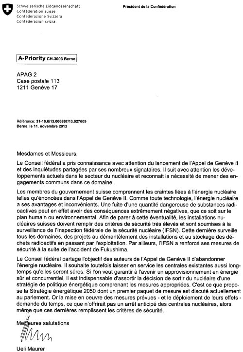 Réponse du Président de la Confédération suisse