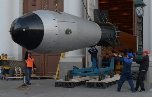 2683269 08/23/2015 A model of the Tsar Bomba hydrogen bomb tested on October 30, 1961 was delivered from Sarov Nuclear Center to the Manezh Central Exhibition Hall for the cultural and historical exhibition marking the 70th anniversary of the Russian nuclear industry. Mikhail Voskresenskiy/RIA Novosti